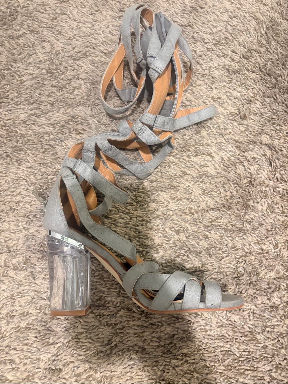 Hot Miami Styles Light Gray Lace-Up Strappy Block Heel Sandals